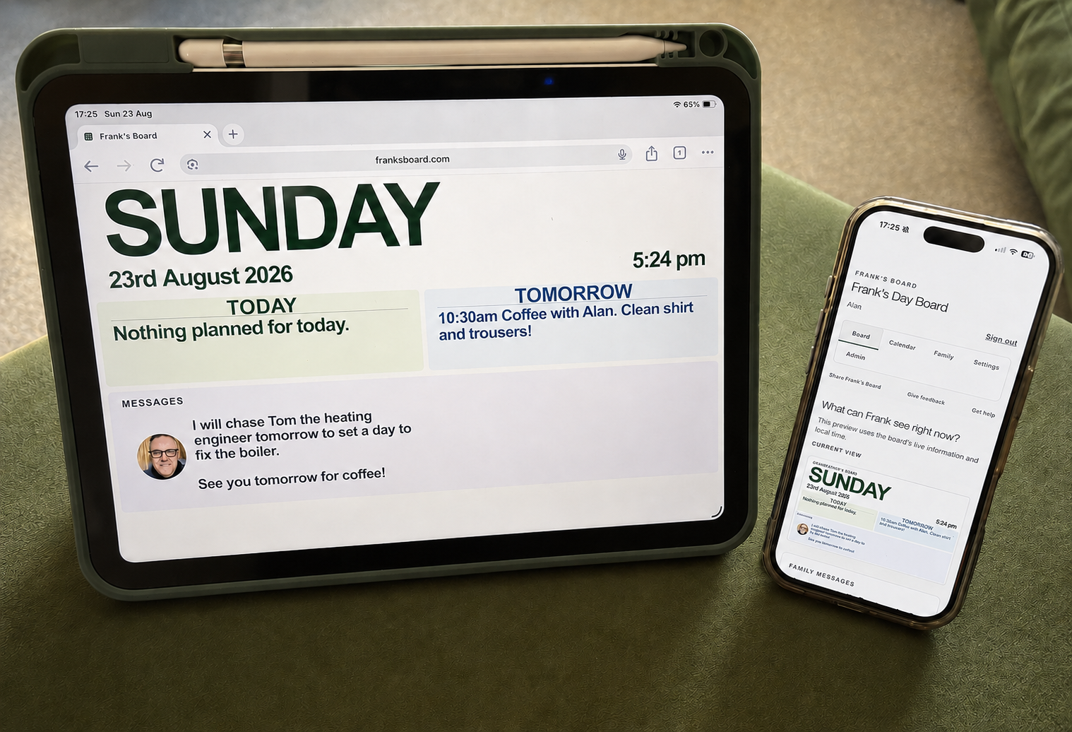 Frank's Board displayed on a tablet alongside the family management view on a phone
